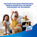 Lifestyle image of a family playing in a living room with Lysol logo and headline about killing viruses and bacteria