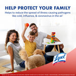 Lifestyle image of a smiling family and dog with text about protecting your family and Lysol logo