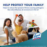 Lifestyle image of a smiling family with a dog in a living room alongside Lysol branding and a claim about protecting family from airborne pathogens
