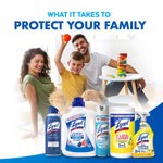 Family scene in background with an array of Lysol cleaning products in foreground and headline "Protect Your Family".