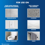 Product use guide showing hard non-porous and soft surfaces (stainless, flooring, plastic, bedding, porcelain, fabric) for Lysol spray.