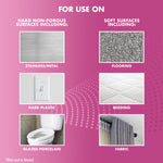 Pink usage guide showing hard non-porous and soft surface examples like stainless, plastic, porcelain, flooring and bedding