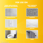 Yellow informational graphic listing hard non-porous and soft surfaces with example photos like stainless, bedding, toilet, and curtains