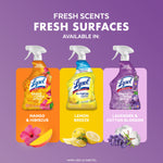 Three Lysol spray bottles showing available scents including lavender & cotton blossom, lemon breeze and mango & hibiscus