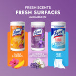 Three Lysol Brand New Day disinfecting wipes tubs shown side-by-side on colored panels indicating available scents including lavender.