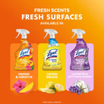 Three Lysol all-purpose cleaner variants shown (mango & hibiscus, lemon breeze, lavender & cotton) with scent icons on orange