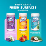 Three Lysol wipe canisters shown with scent names and corresponding fruit and floral imagery on colored panels