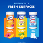 Three Lysol wipes tubs showing Mango & Hibiscus, Lemon & Lime Blossom, and Crisp Linen scent variants
