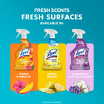 Three Lysol all-purpose cleaner bottles in different scent varieties shown with text 'Fresh Scents Fresh Surfaces available in'.
