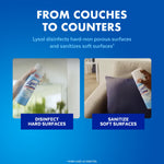 Lifestyle infographic showing two photos of Lysol spray being used on a window and a couch with text 'From Couches to Counters'