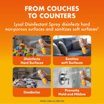 Infographic showing Lysol spray used on couches, counters, laundry and showers with benefit labels