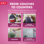 Pink panel titled 'From Couches to Counters' with four photos showing Lysol used on various surfaces