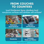 Four-panel graphic showing Lysol spray being used on toys, couch, laundry and shower with labels for disinfecting and deodorizing