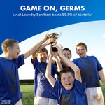 Group of muddy kids in matching shirts celebrating with a trophy alongside text about Lysol beating 99.9% of bacteria