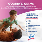 Lifestyle graphic of an adult lifting a child with text about stopping the spread and list of illnesses Lysol may prevent