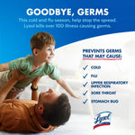 Lifestyle image of an adult lifting a child with text GOODBYE, GERMS and checklist of illnesses Lysol may prevent on a blue and white background