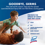 Lifestyle graphic of a father playing with a child beside text about stopping the spread of germs and a Lysol logo at the bottom.