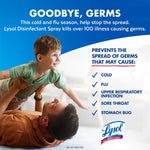 Lifestyle image of an adult lifting a child beside text about stopping the spread of germs and Lysol Crisp Linen branding