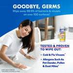Lifestyle image of a person wiping a surface with text headline 'Goodbye, Germs' and a Lysol wipes canister