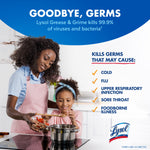 Lifestyle graphic of an adult and child cooking with text claiming Lysol Grease & Grime kills 99.9% of viruses and bacteria