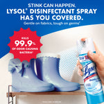 Hand holding a Lysol spray can aimed at a shelf of children's boots with bold claim about killing 99.9% of odor-causing bacteria