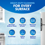 Graphic titled 'Heavy-duty cleaning for every surface' with icons for stovetops, oven doors, microwave interiors and more