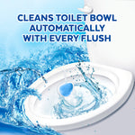 Illustration of a blue Lysol toilet cleaner hooked inside a toilet bowl with splashing water and headline about automatic cleaning every flush