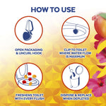How-to-use infographic showing four circular icons for packaging, clipping to toilet, freshening with flush, and disposal