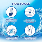 Instructional graphic with four icons showing how to open packaging, clip Lysol toilet cleaner to bowl, freshen with each flush, and dispose when depleted