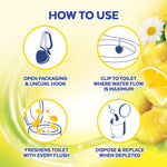 Instructional infographic showing four steps to use the Lysol in-the-bowl toilet cleaner with simple icons and lemon imagery