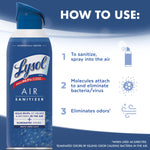 How-to-use graphic with Lysol Air Sanitizer can and three numbered steps explaining spray, molecules attach, eliminates odors.