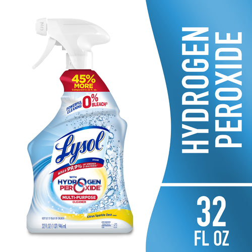 Spray bottle of Lysol hydrogen peroxide multi-purpose cleaner with citrus label and blue branding