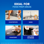 Graphic grid showing Lysol bottle used on countertops, sinks, stovetops and appliance exteriors labeled ideal for food prep areas