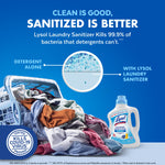 Infographic showing laundry pile and comparison circles with text about sanitized vs detergent alone alongside a Lysol Laundry Sanitizer bottle.