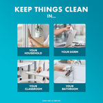 Four small photos showing wipe use in household, dorm, classroom and bathroom with 'keep things clean' header