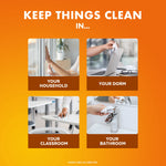 Graphic grid of four scenes labeled 'your household', 'your dorm', 'your classroom', 'your bathroom' on orange background.