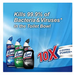 Blue infographic showing Lysol bottles and text claiming it kills 99.9% of bacteria and 10X cleaning power