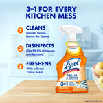 Lysol Kitchen Pro bottle on a kitchen countertop with text listing 3-in-1 benefits: cleans, disinfects, freshens