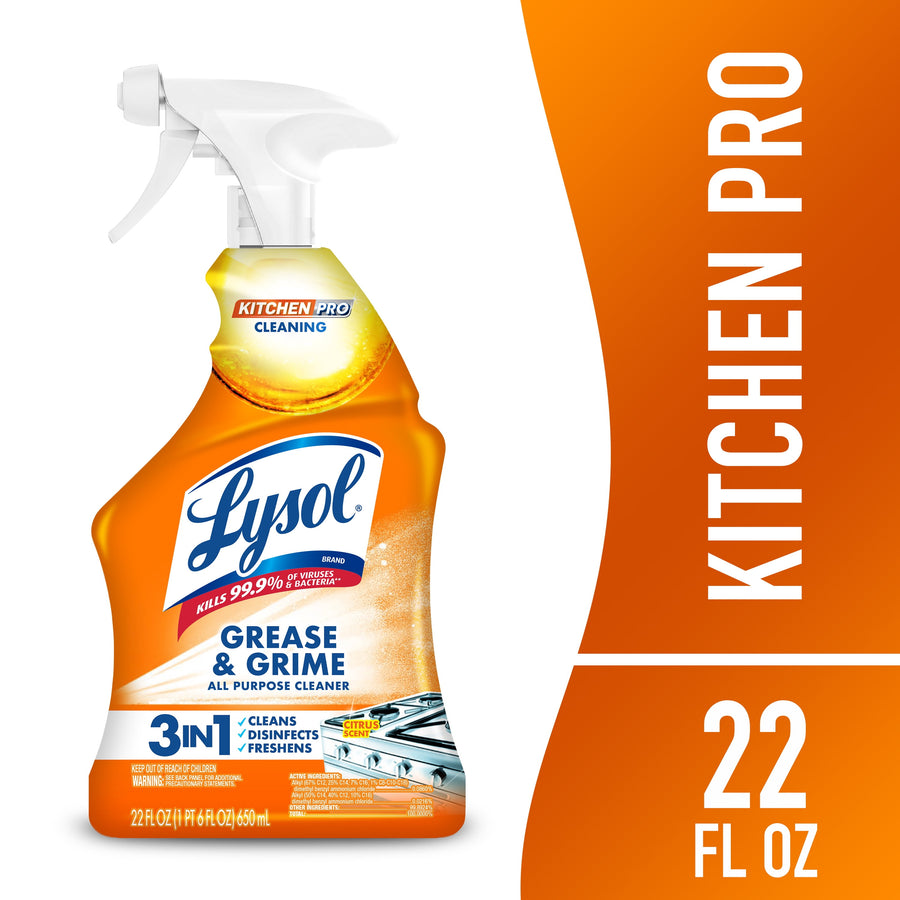 Single Lysol Kitchen Pro Grease & Grime trigger bottle with orange label and white spray top on white background