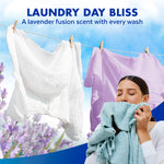Person holding a towel and clothes hanging on a line with lavender artwork and text promoting laundry day bliss