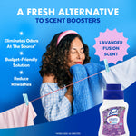 Woman smelling a blue sweater on a clothesline with Lysol Laundry Sanitizer bottle and lavender fusion scent callout