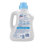 Rear view of a Lysol Laundry Sanitizer bottle showing directions, ingredients and barcode on a white background.