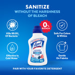 Product-focused graphic of a Lysol Laundry Sanitizer bottle with icons stating safe for colors, kills 99.9% of bacteria and 0% bleach