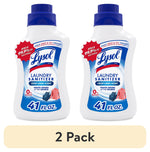 Two Lysol Laundry Sanitizer bottles with blue caps labeled crisp linen scent and 41 fl oz, shown as a 2-pack
