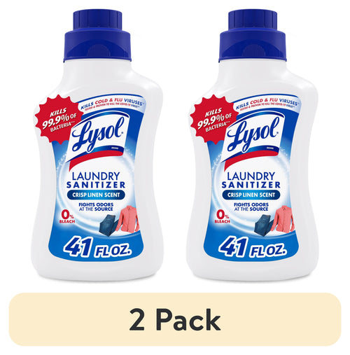 Two Lysol Laundry Sanitizer bottles with blue caps labeled crisp linen scent and 41 fl oz, shown as a 2-pack
