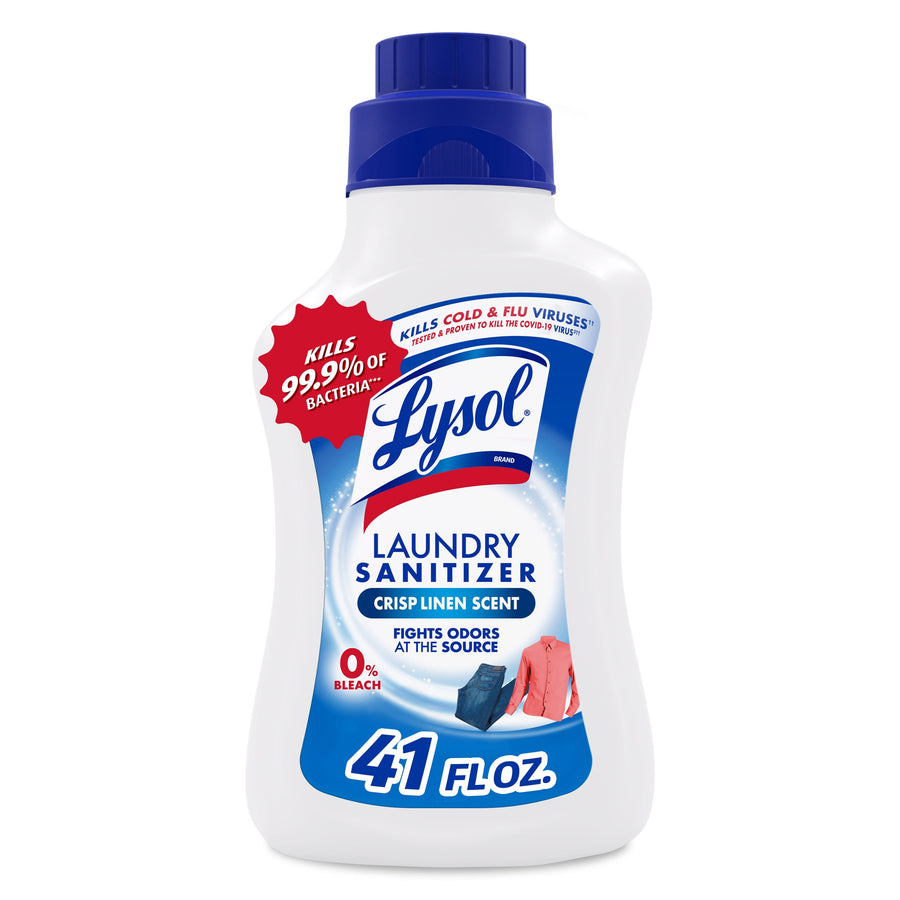 Bottle of Lysol Laundry Sanitizer Crisp Linen scent with blue cap and label.