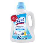 Front-facing Lysol Laundry Sanitizer bottle labeled Free & Clear with blue cap and 90 fl oz callout on white background.