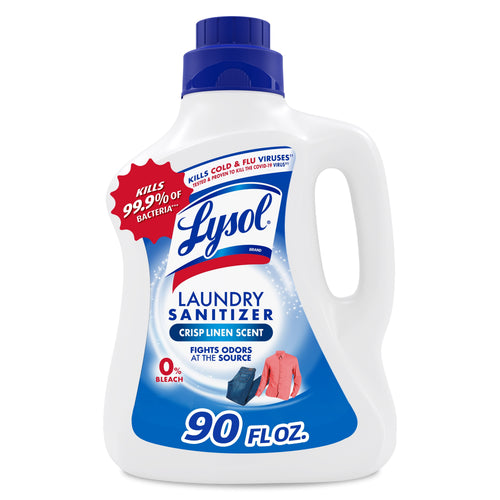 White plastic bottle of Lysol Laundry Sanitizer with blue cap and crisp linen label, front view