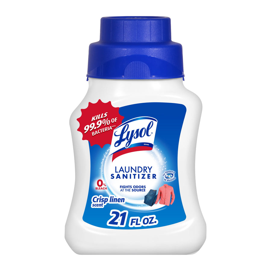 Front-facing Lysol Laundry Sanitizer bottle with blue cap and crisp linen label on white background
