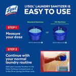 Instructional infographic titled 'Lysol Laundry Sanitizer is easy to use' showing dosing cups and step-by-step guidance